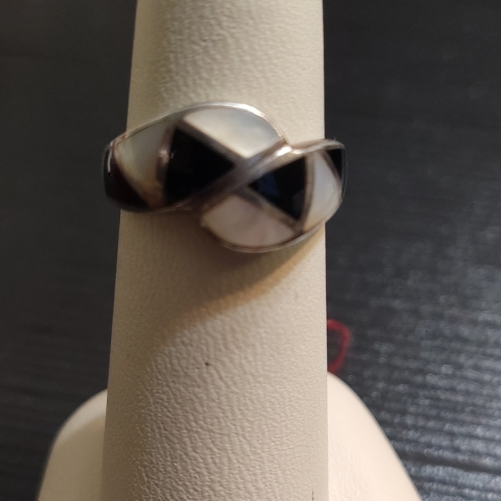 Black Onyx And Mother Of Pearl SterlingSilver Ring